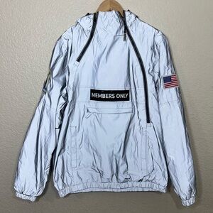 Members Only Space Suit Silver Reflective Pullover Windbreaker Hoodie Size M